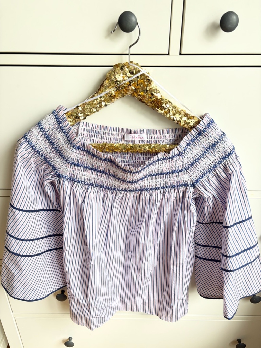 Parker Largo Striped Off Shoulder Blouse in Pink, White & Blue - Picture 2 of 9